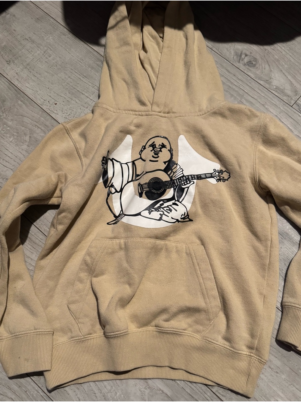 True Religion Beige Graphic Crewneck Hoodie with Buddha Guitar